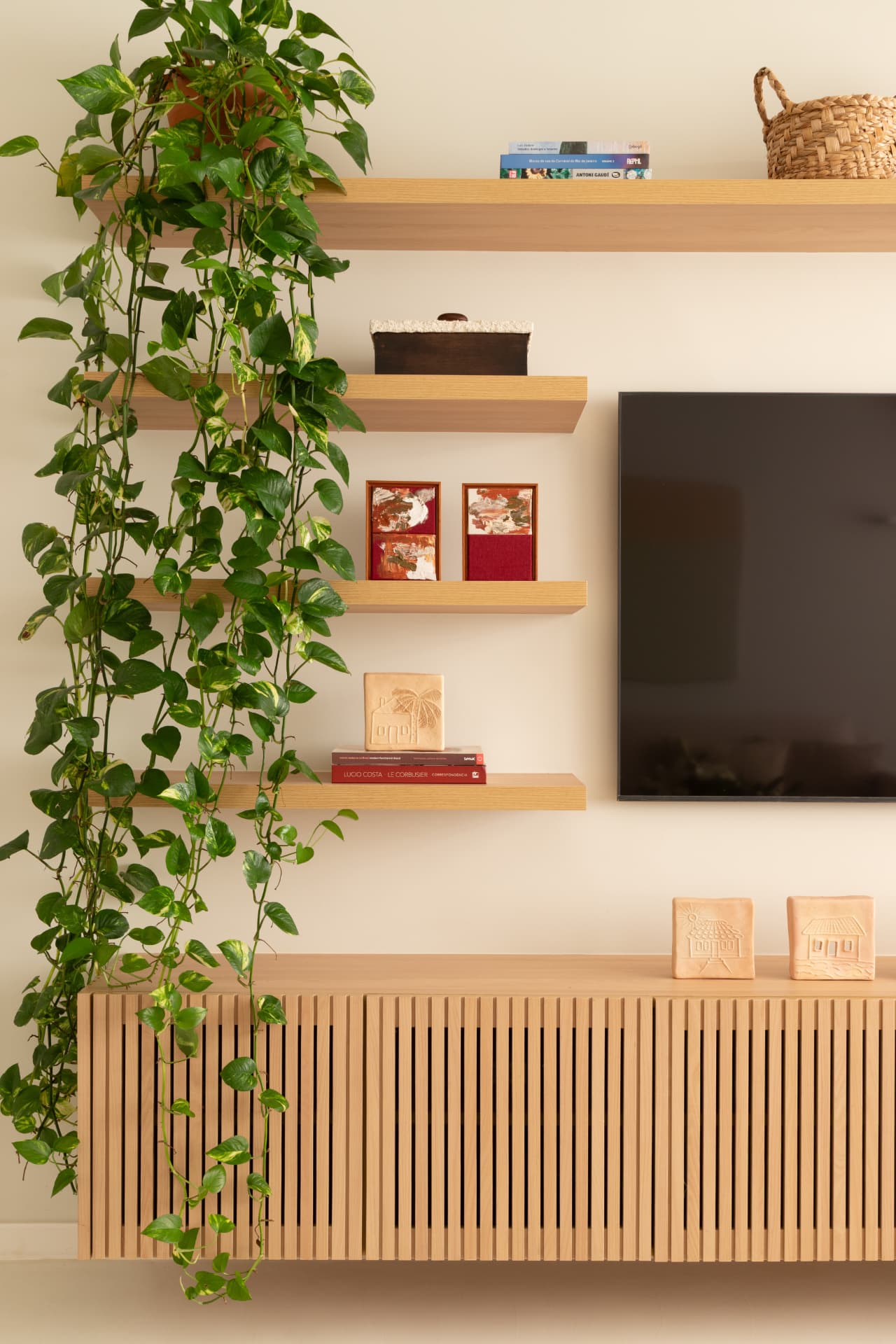 Detalhe de painel de TV com prateleiras de madeira, rack ripado suspenso, planta pendente e objetos decorativos